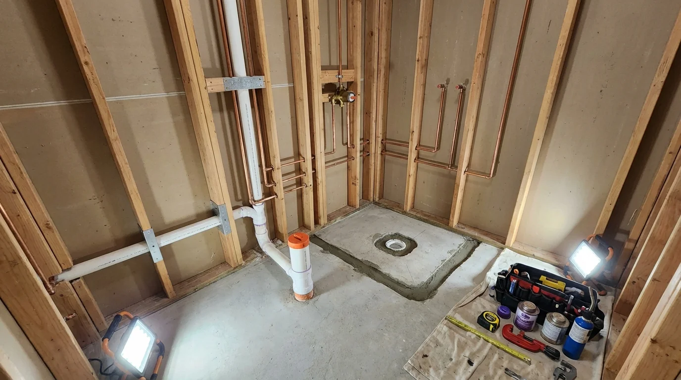 Bathroom rough-in plumbing during remodel by Johns Plumbing LLC in Rice Lake
