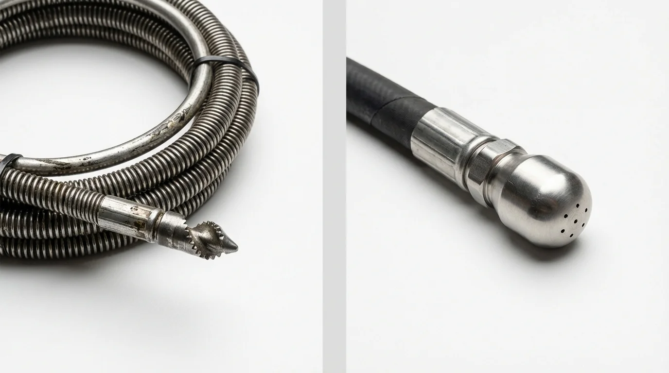 Drain snake cable and hydro jetting nozzle used for drain cleaning in Rice Lake, WI