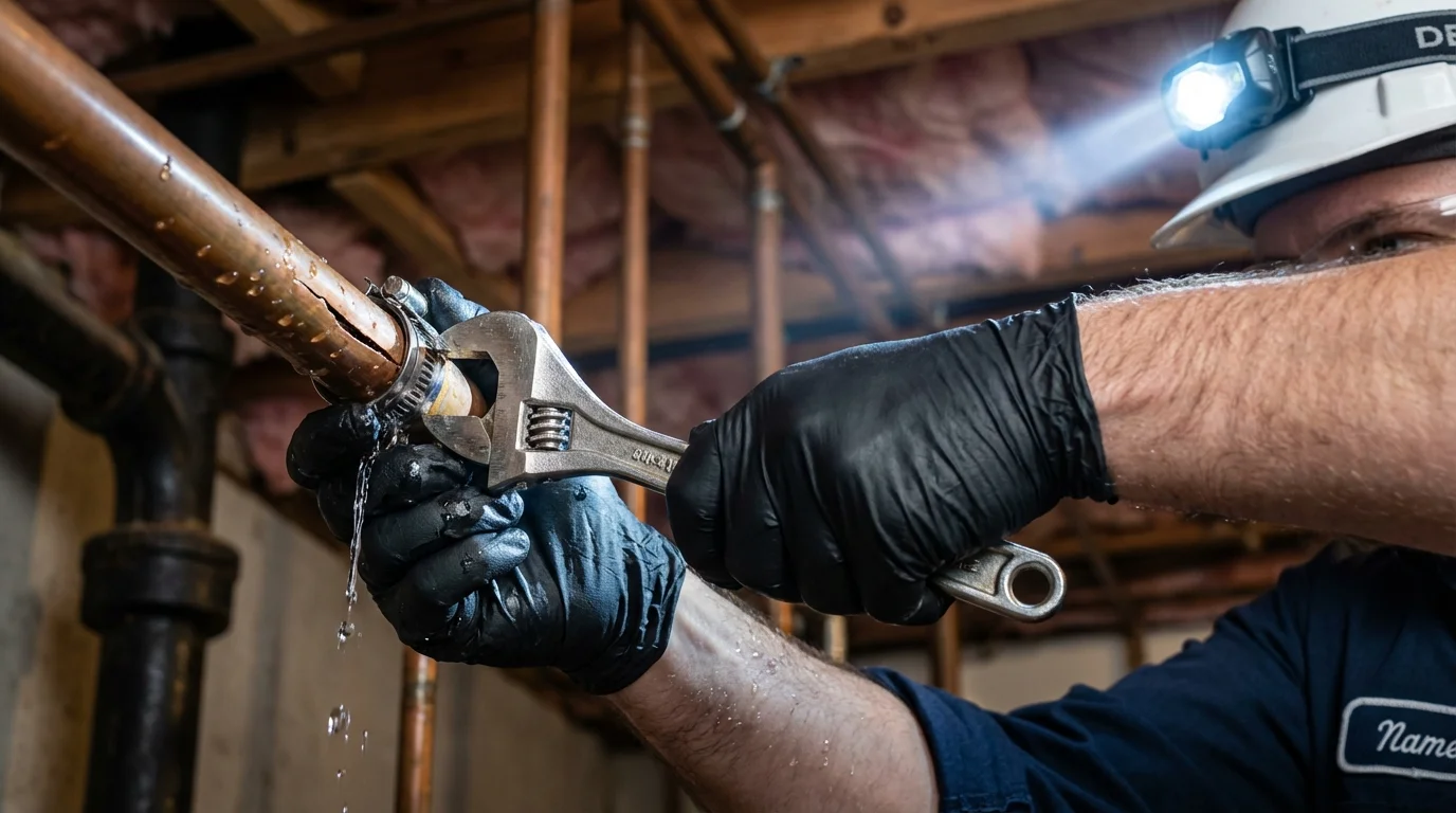 Emergency pipe clamp repair being performed by a Johns Plumbing LLC plumber in Rice Lake