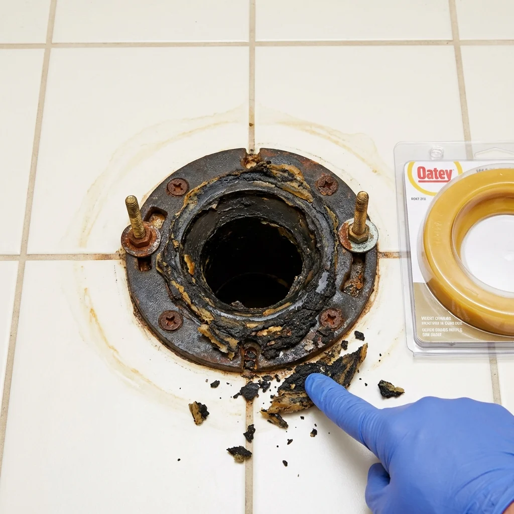 Failed wax ring showing water seepage at the base of a toilet in a Rice Lake, WI home