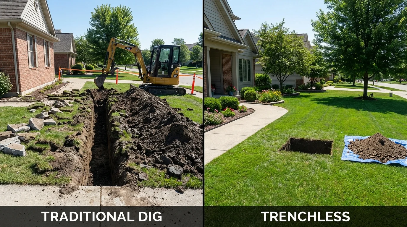Trenchless sewer repair with minimal yard damage versus traditional excavation in Rice Lake, WI