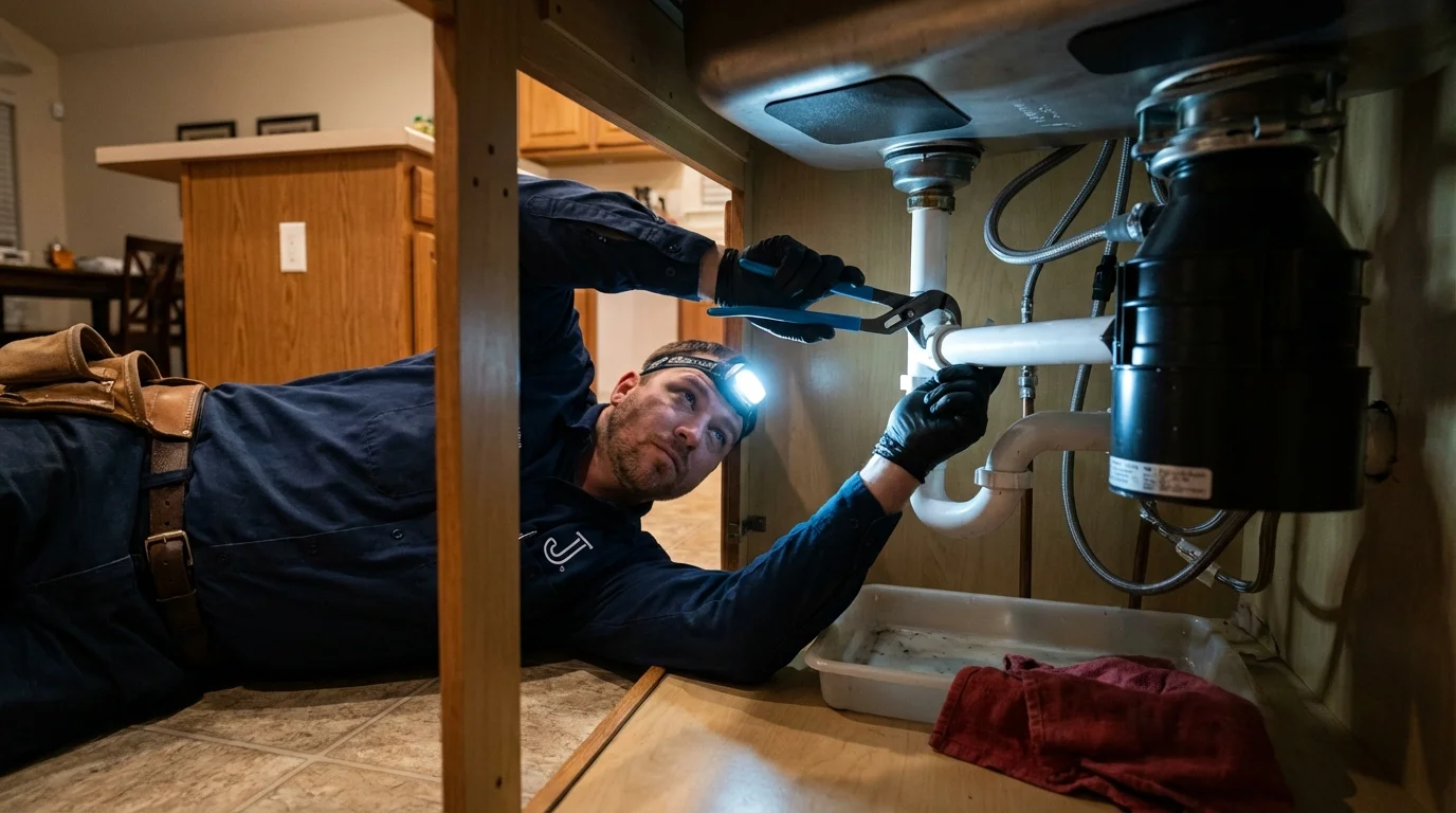 P-trap and supply line connections under a kitchen sink showing a common leak point in Rice Lake, WI